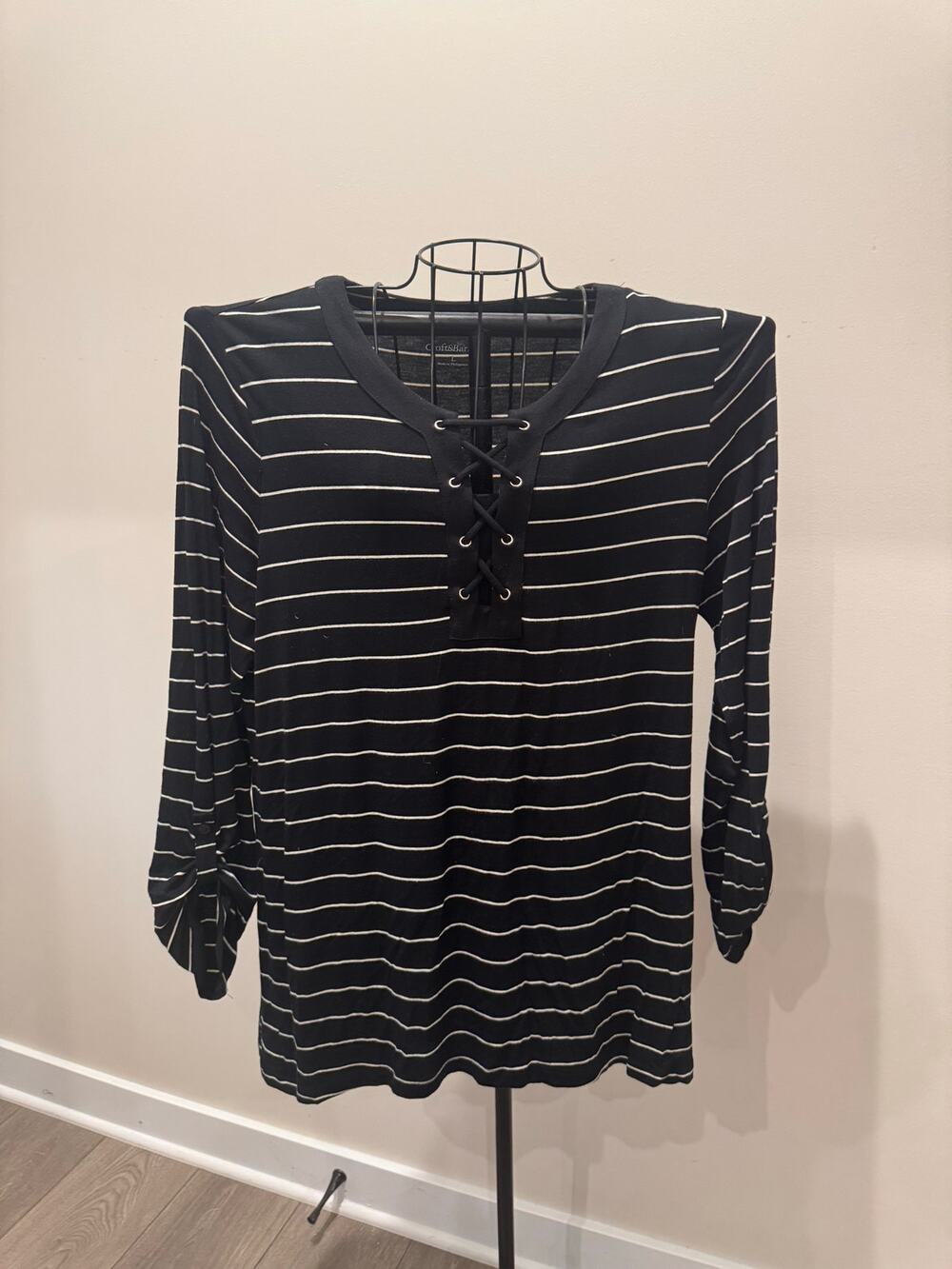 Croft & Barrow Black White Striped Lace Up Tunic Top Women’s Large